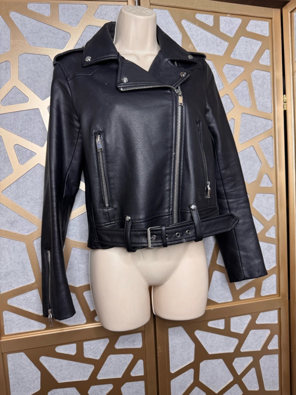 ZARA Basic Faux Leather Moto Jacket Black Belted Biker Style - Picture 6 of 12